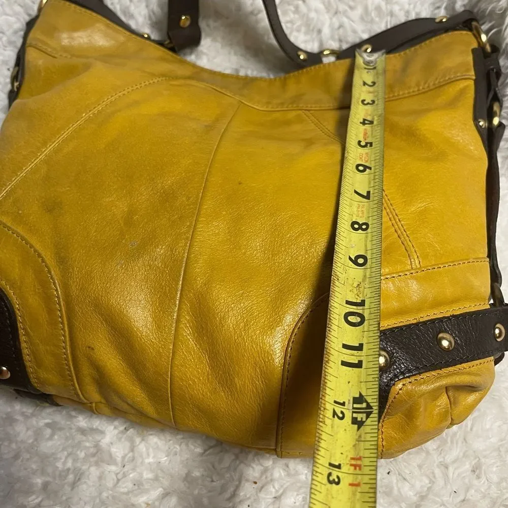 Tasche leather mustard yellow shoulder bag brown trims &strap gold tone studs